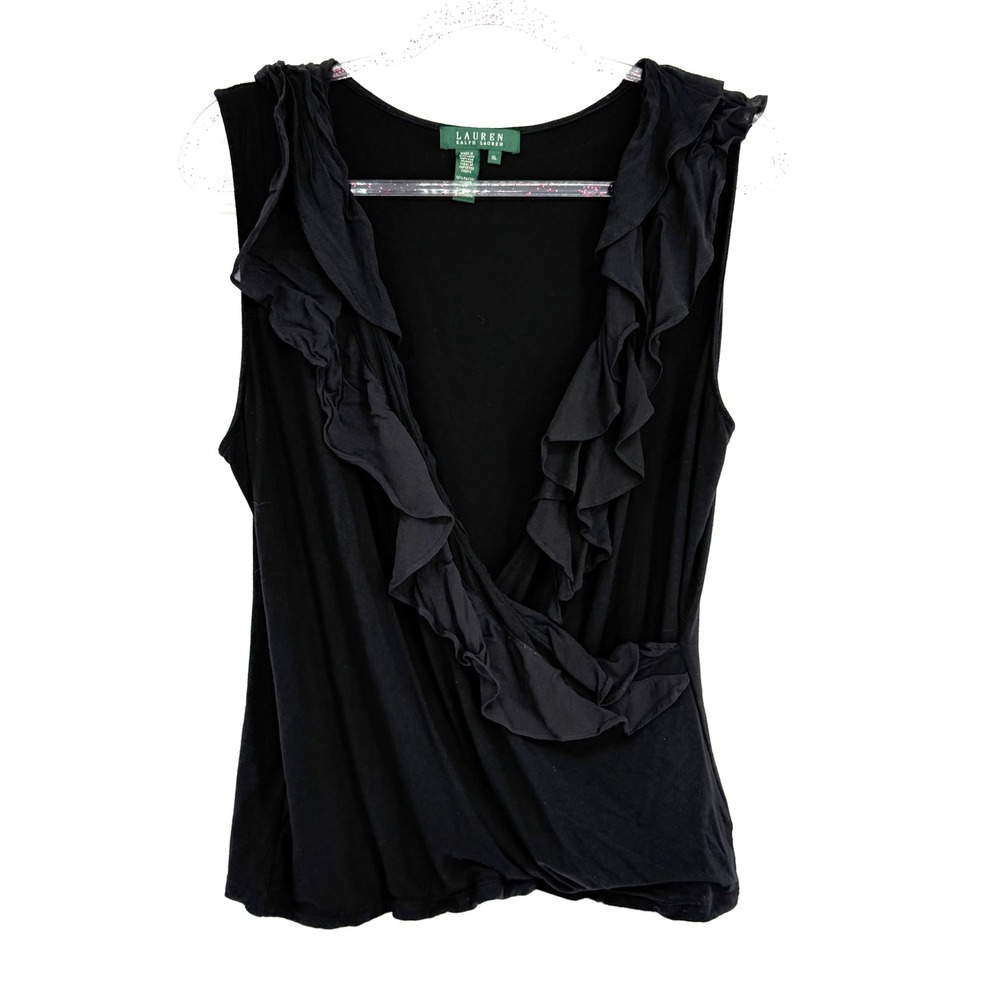 Lauren Ralph Lauren Black Ruffle V-Neck Sleeveless Blouse